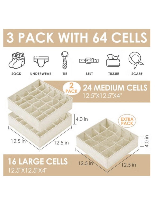 Hanayo 3 Pack Sock Underwear Organizer Dividers, 64 Cell Drawer Organizers Fabric Foldable Cabinet Closet Organizers and Storage Boxes for Storing Socks, Underwear, Ties  - Image 2