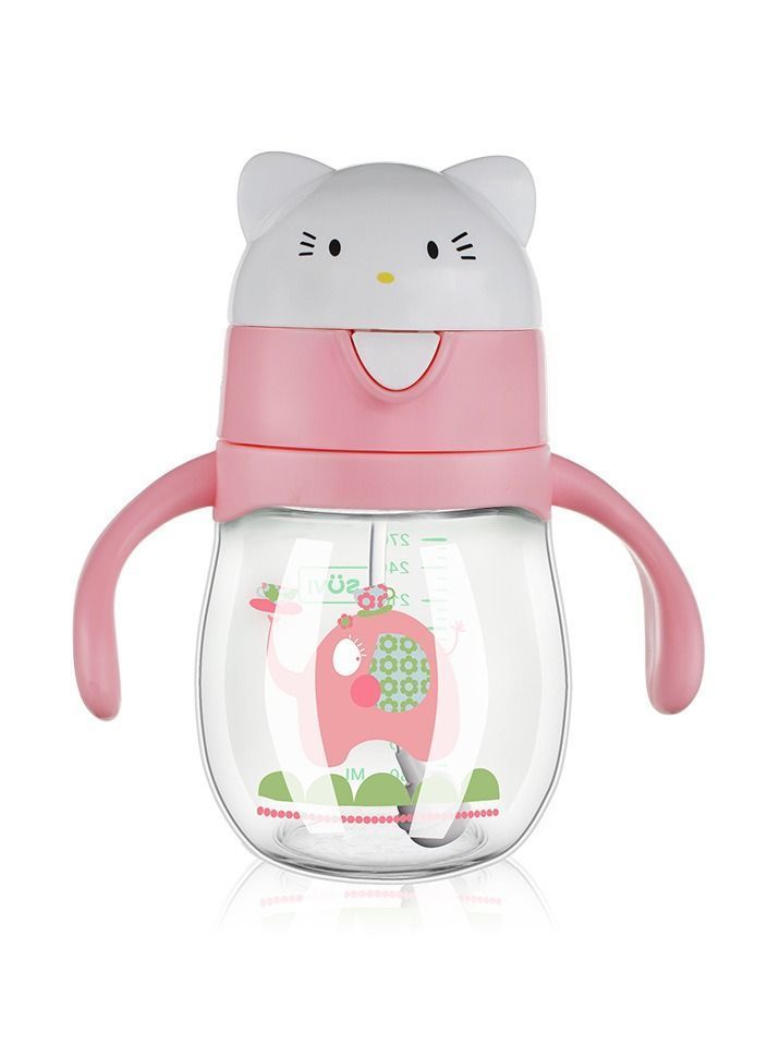 Y&D Straw Cup for Toddlers, 270ML No-Spill Sippy Cups with Weighted Straw, Spill Proof Training Toddler With Handle Baby Cartoon Leak-proof Water 6 Months+ Cute Cat Head Bady Bottle (Pink) - Image 1