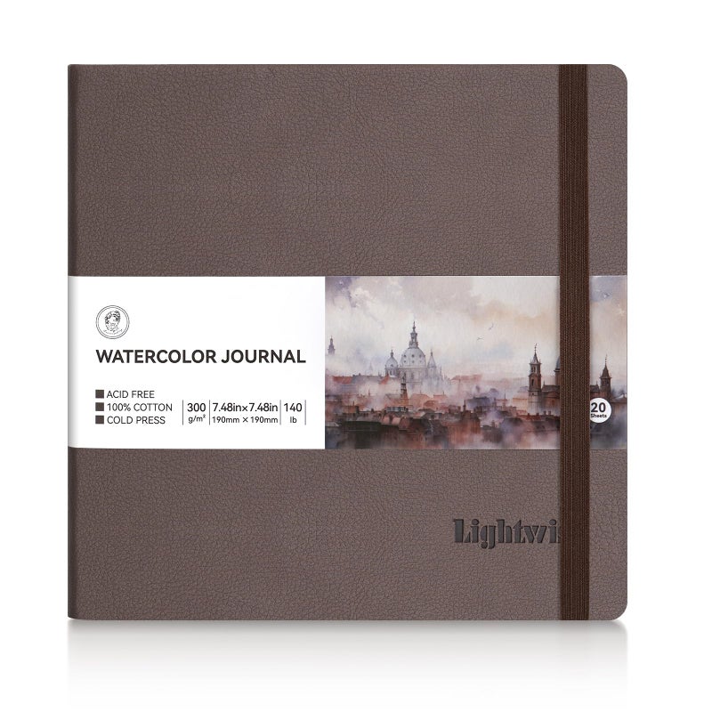 Lightwish Square Watercolor Journal, 100% Cotton Cold Press Watercolor Paper Sketchbook 7.48â€x 7.48â€, 20 Sheets (140lb/300gsm), Acid-Free for Watercolors, Gouache, Acrylics - Image 1