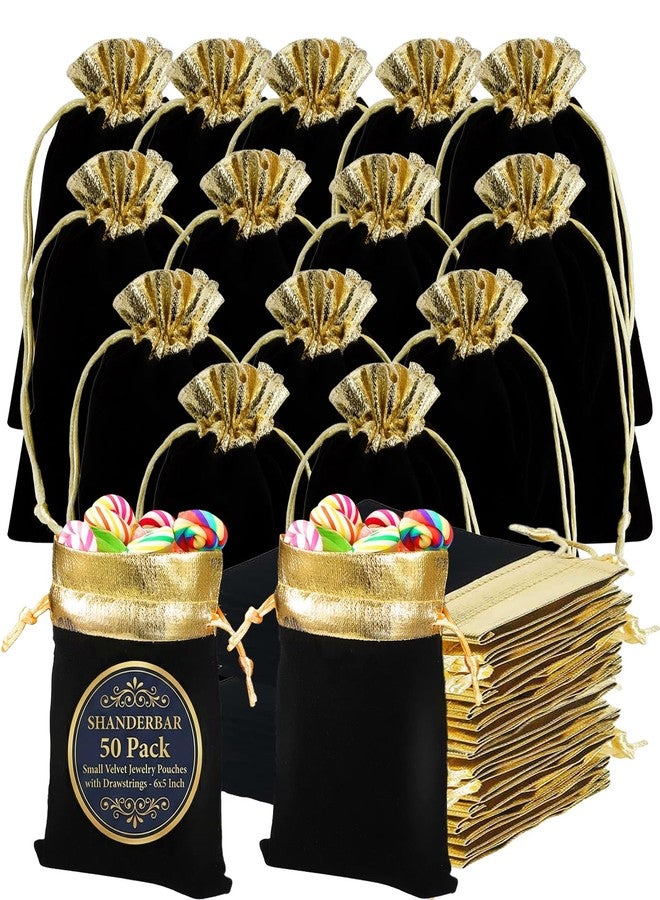 SHANDERBAR 50 Pack Velvet Jewelry Pouches with Drawstrings - 6x5 Inch Black & Gold Velvet Bags, Reusable Premium Small Drawstring Gift Pouch Set for Jewelry, Dice, Candy, Wedding Favors, Christmas Party Supplies - Image 1