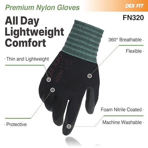 DEX FIT Nylon Work Gloves FN320, 3D Comfort Fit, Power Grip, Lightweight, Touchscreen for Men & Women, Breathable & Flexible for Yard Work DIY Mechanic Warehouse; Black 6 (XS) - Image 4