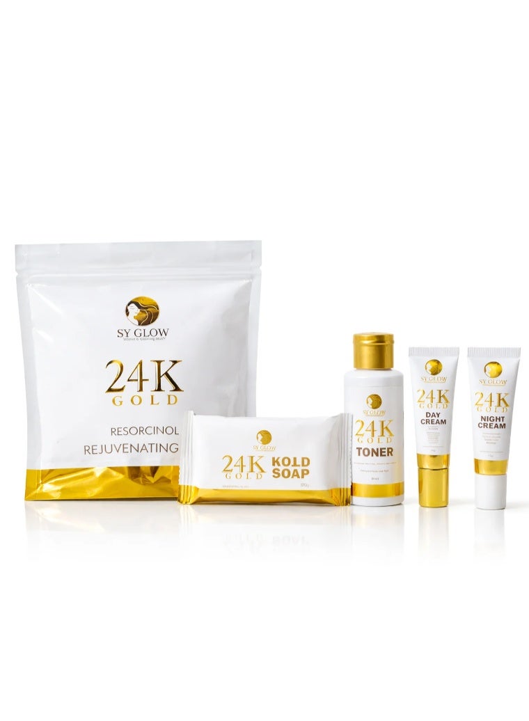 SY GLOW مجموعة العناية بالبشرة SY غلو 24K ذهب – مجموعة الوجه مع تونر، كريم نهاري، كريم ليلي وصابون – مجموعة تجديد البشرة - Image 1