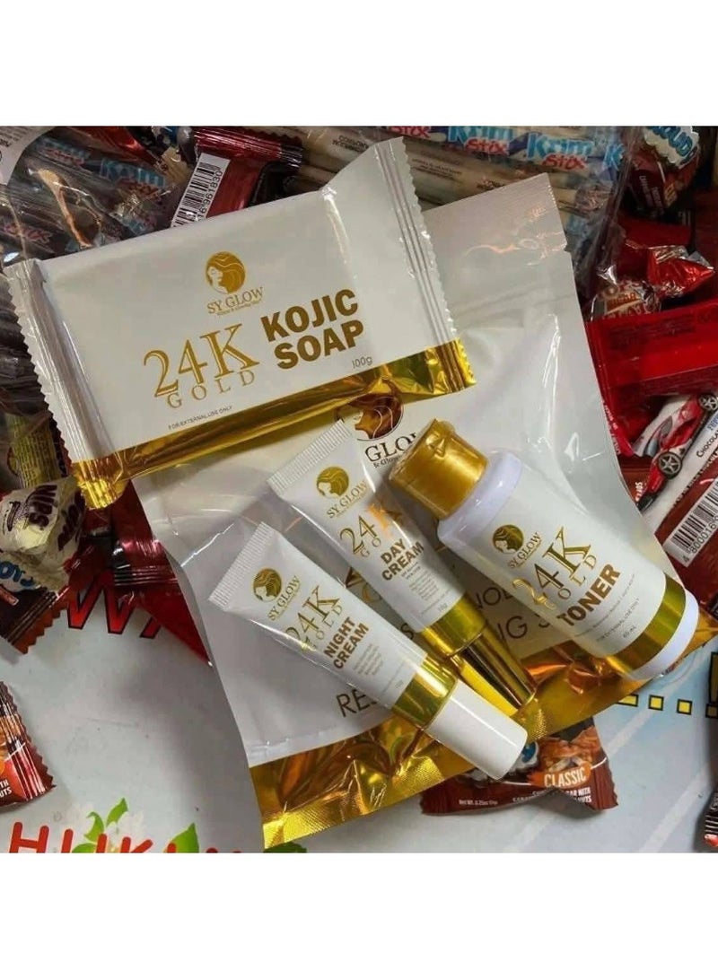 SY GLOW مجموعة العناية بالبشرة SY غلو 24K ذهب – مجموعة الوجه مع تونر، كريم نهاري، كريم ليلي وصابون – مجموعة تجديد البشرة - Image 2