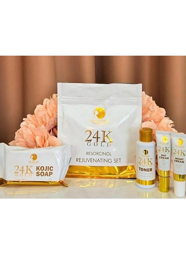 SY GLOW مجموعة العناية بالبشرة SY غلو 24K ذهب – مجموعة الوجه مع تونر، كريم نهاري، كريم ليلي وصابون – مجموعة تجديد البشرة - Image 3