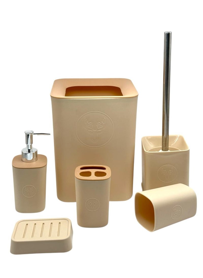 QShop®️ Bamboo Bathroom Accessories Set, 6 Pieces, Luxury Modern Bathroom Accessories Set, Toilet Accessories with Waste Bin, Cup, Toothbrush Holder, Soap Dish Holder, and Soap Dispenser