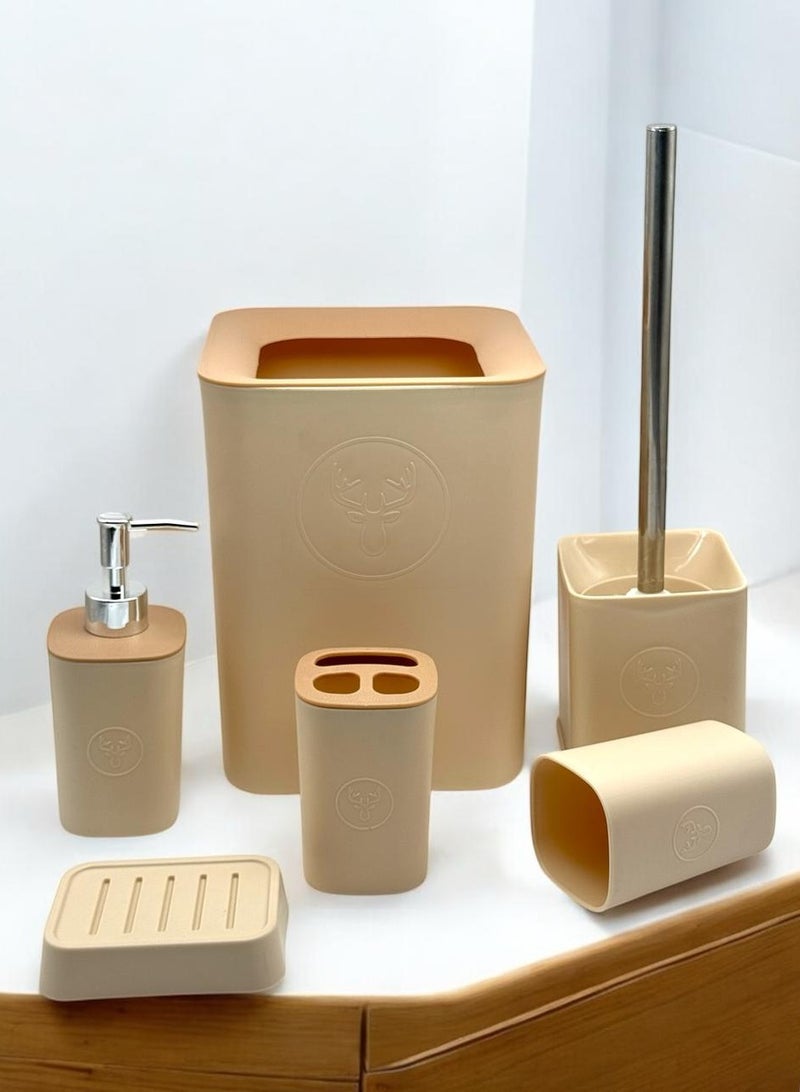 QShop®️ Bamboo Bathroom Accessories Set, 6 Pieces, Luxury Modern Bathroom Accessories Set, Toilet Accessories with Waste Bin, Cup, Toothbrush Holder, Soap Dish Holder, and Soap Dispenser