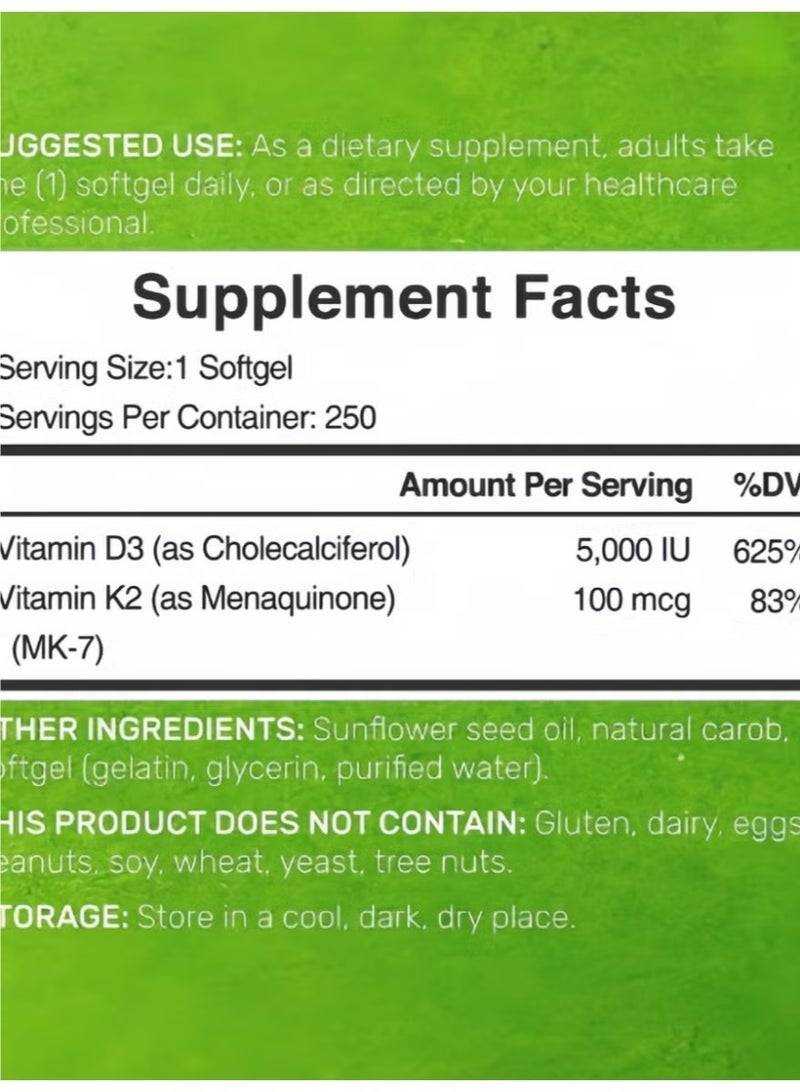 ملحق الصفقة ملحق التسويق: كبسولات مطاطية مركزة من فيتامين د3 + ك2 الذهبي | 5000 وحدة دولية من فيتامين د3 عالي النشاط + 100 ميكروجرام من MK-7 ك2 | 250 كبسولة لتوفير 8 أشهر | خالية من الجلوتين والصويا والألبان | توجيه دقيق لترسيب الكالسيوم لبناء عظام أقوى، حماية القلب ودعم المناعة - Image 2