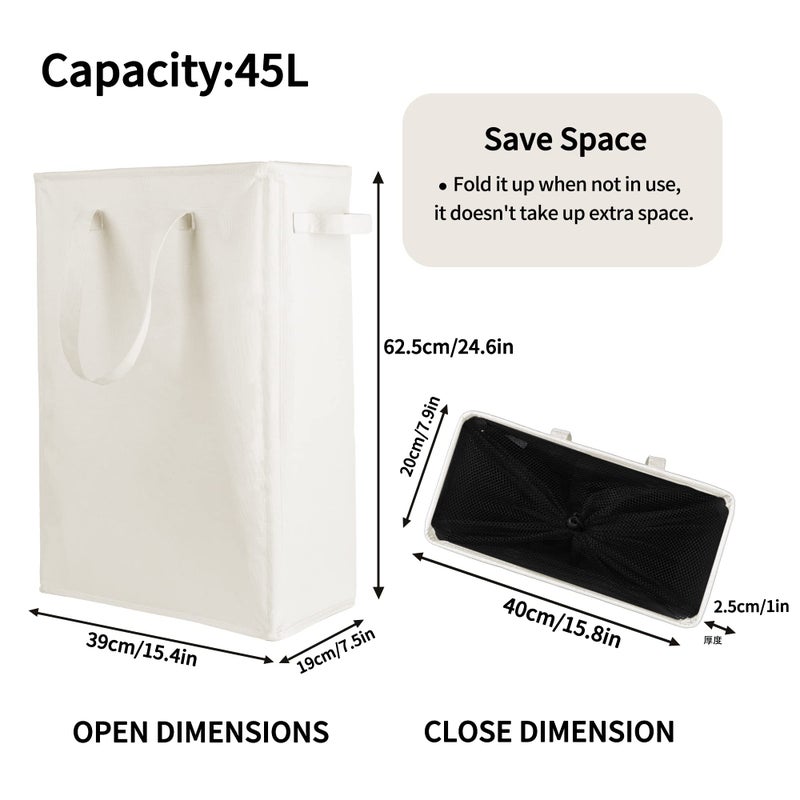 Odonata Slim Laundry Hamper Handles Collapsible Laundry Basket Thin Dirty Clothes Basket Narrow Laundry Bag Foldable Dirty Hamper 45L (Beige) - Image 2
