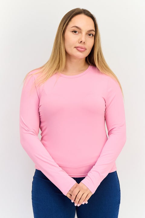 تي شيرت نسائي بأكمام طويلة وياقة دائرية، وردي