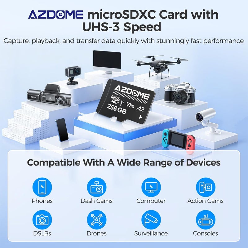 AZDOME 256GB Micro SD Card microSDXC Memory Card for M550 Max, GS63H Pro, PG17 Max, PG17 Pro Dash Cam Full HD & 4K UHD, U3, A2, V30 - Image 3