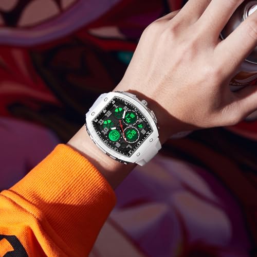findtime Watches for Men Unique Rectangle Relojes para Hombres White Wristwatch with Digital Analog Dual Time Display Countdown Stopwatch Punk Cool Design 5ATM Waterproof - Image 4
