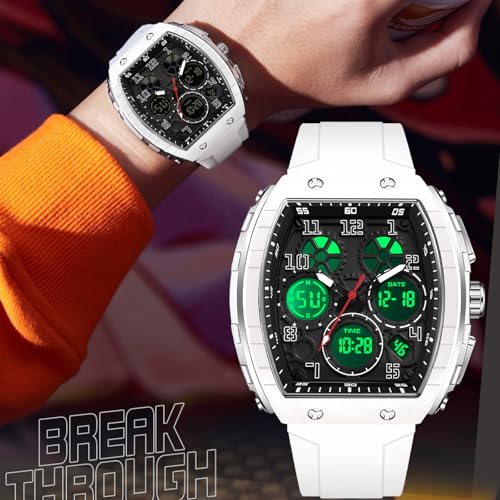 findtime Watches for Men Unique Rectangle Relojes para Hombres White Wristwatch with Digital Analog Dual Time Display Countdown Stopwatch Punk Cool Design 5ATM Waterproof - Image 5
