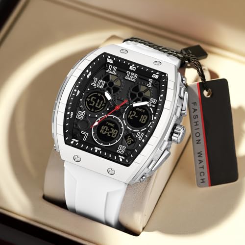 findtime Watches for Men Unique Rectangle Relojes para Hombres White Wristwatch with Digital Analog Dual Time Display Countdown Stopwatch Punk Cool Design 5ATM Waterproof - Image 3