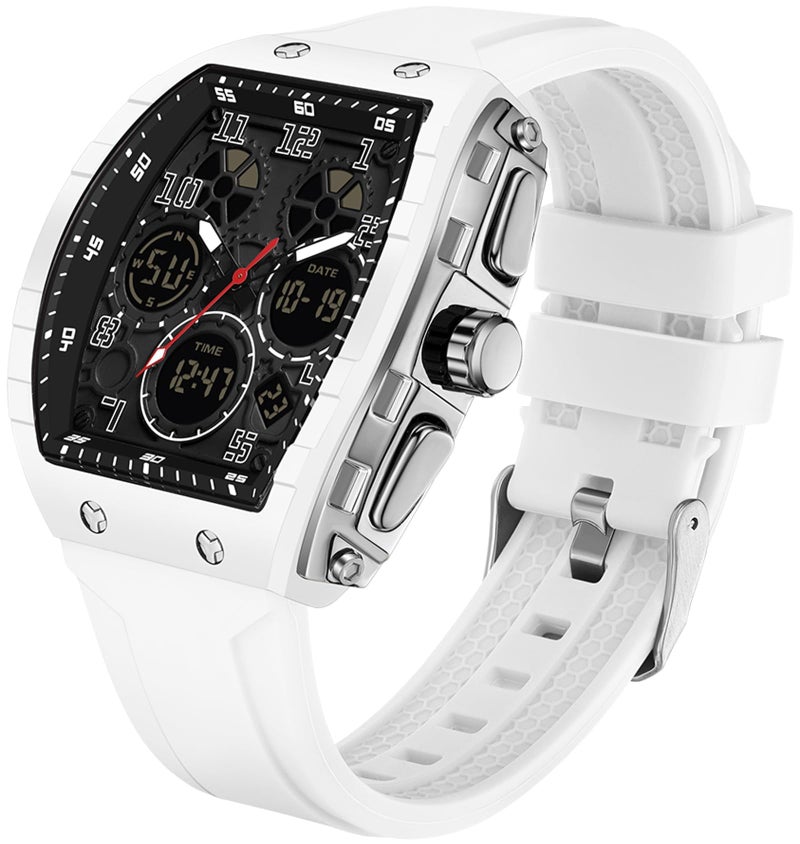 findtime Watches for Men Unique Rectangle Relojes para Hombres White Wristwatch with Digital Analog Dual Time Display Countdown Stopwatch Punk Cool Design 5ATM Waterproof - Image 1