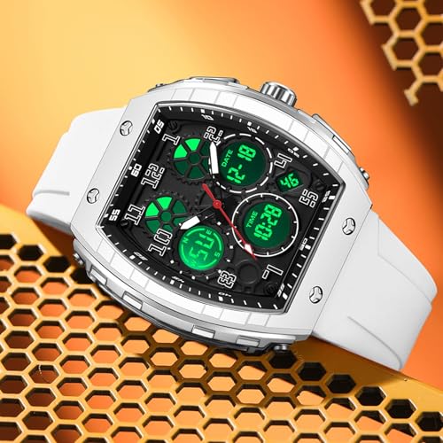 findtime Watches for Men Unique Rectangle Relojes para Hombres White Wristwatch with Digital Analog Dual Time Display Countdown Stopwatch Punk Cool Design 5ATM Waterproof - Image 2