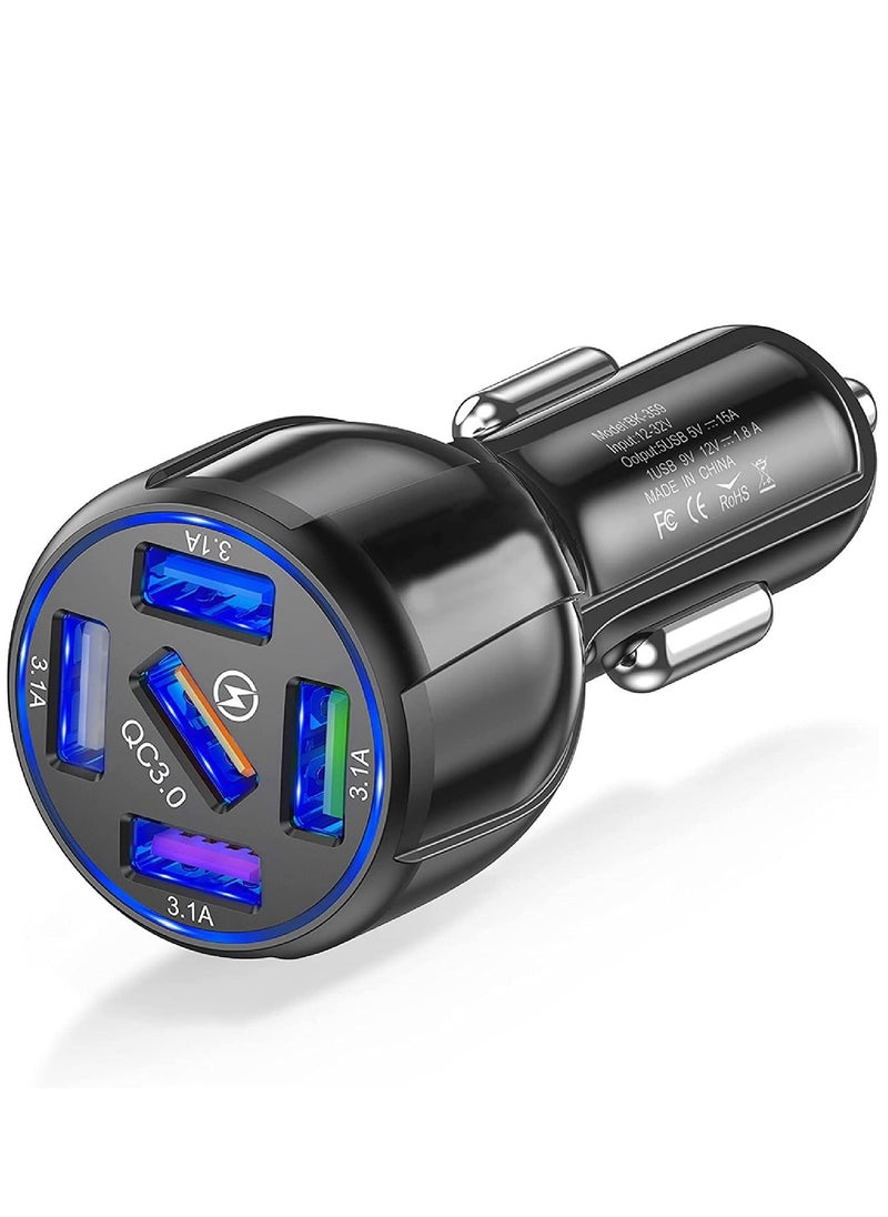 Y&D USB Car Charger - Multi-Protection, Blue LED Light, 58W 5 Ports with Quick Charge 3.0 Cigarette Adapter Fast For Smart Phones, iPhones, Tablets, Power Banks, iOS and Android  - Image 1
