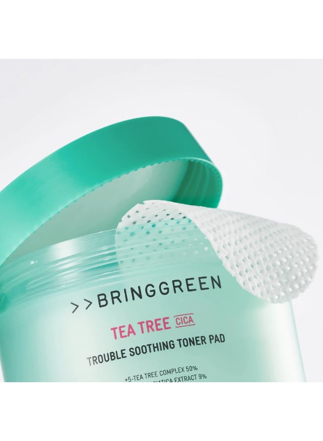 برينج جرين BRINGGREEN Tea Tree Cica Trouble Soothing Toner Pads – تونر باد بالشاي الأخضر وشجرة الشاي وسيكا لتهدئة البشرة، مناسب للبشرة المعرضة للحبوب والدهنية، يساعد على تحسين الرؤوس السوداء والبيضاء والدهون والإفرازات الزائدة - Image 2