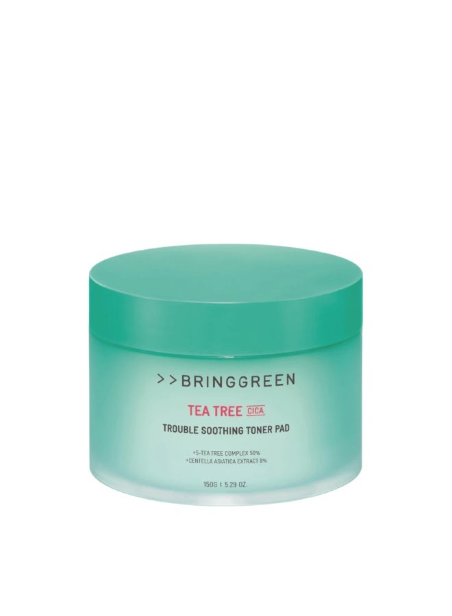 برينج جرين BRINGGREEN Tea Tree Cica Trouble Soothing Toner Pads – تونر باد بالشاي الأخضر وشجرة الشاي وسيكا لتهدئة البشرة، مناسب للبشرة المعرضة للحبوب والدهنية، يساعد على تحسين الرؤوس السوداء والبيضاء والدهون والإفرازات الزائدة - Image 1