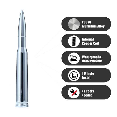 CZSWCH 50 Cal Truck Chrome Bullet Antenna Fit for Ford F150 F250 F350 Raptor/Dodge RAM 1500 2500 3500/Chevrolet Silverado & GMC Sierra-Short Replacement Antenna 1990 - Current (Chrome) - Image 3