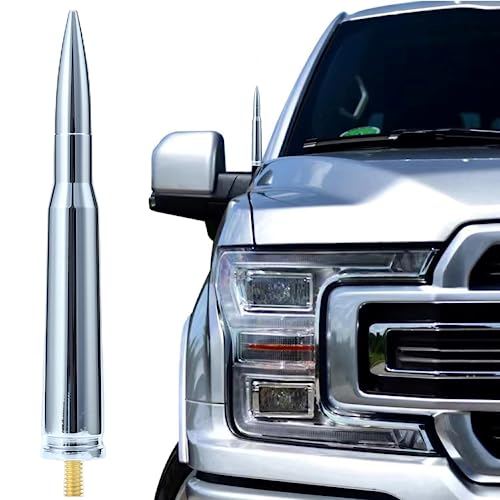 CZSWCH 50 Cal Truck Chrome Bullet Antenna Fit for Ford F150 F250 F350 Raptor/Dodge RAM 1500 2500 3500/Chevrolet Silverado & GMC Sierra-Short Replacement Antenna 1990 - Current (Chrome) - Image 1