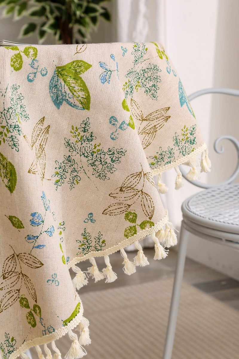 F-CHU Rough Linen Round Tablecloth 60 Inch Green Leaf Pattern Table Cloth with Tassels for Restaurant, Picnic, Indoor and Table Cover Home Decorationï¼ˆGreen - Image 5