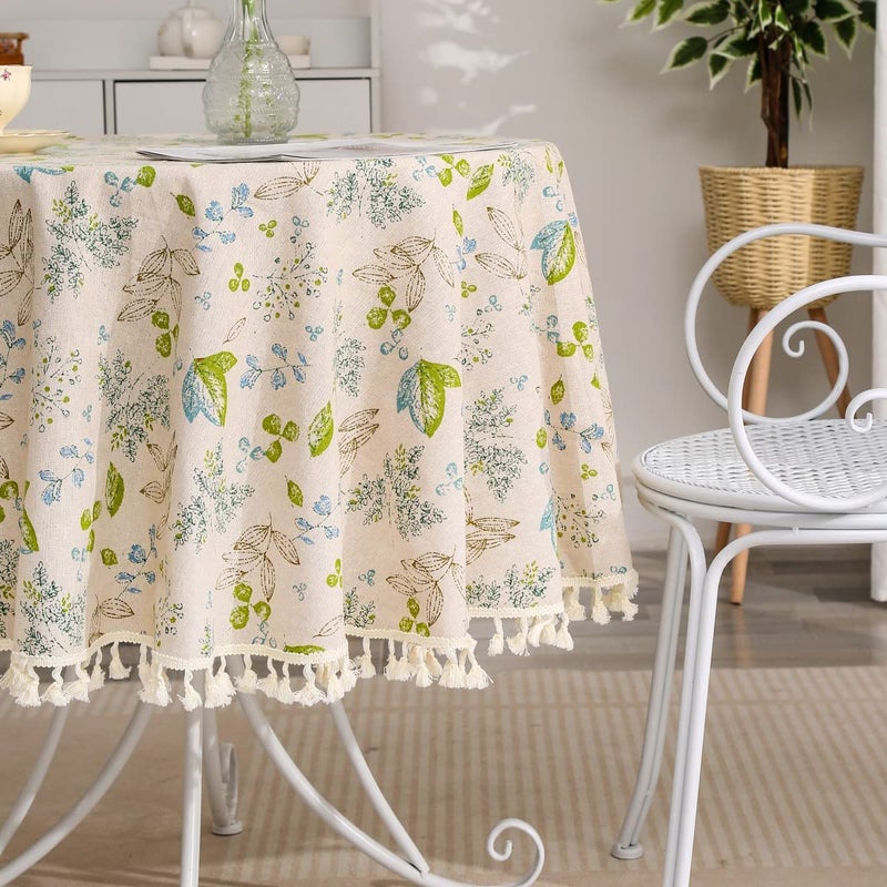 F-CHU Rough Linen Round Tablecloth 60 Inch Green Leaf Pattern Table Cloth with Tassels for Restaurant, Picnic, Indoor and Table Cover Home Decorationï¼ˆGreen - Image 3