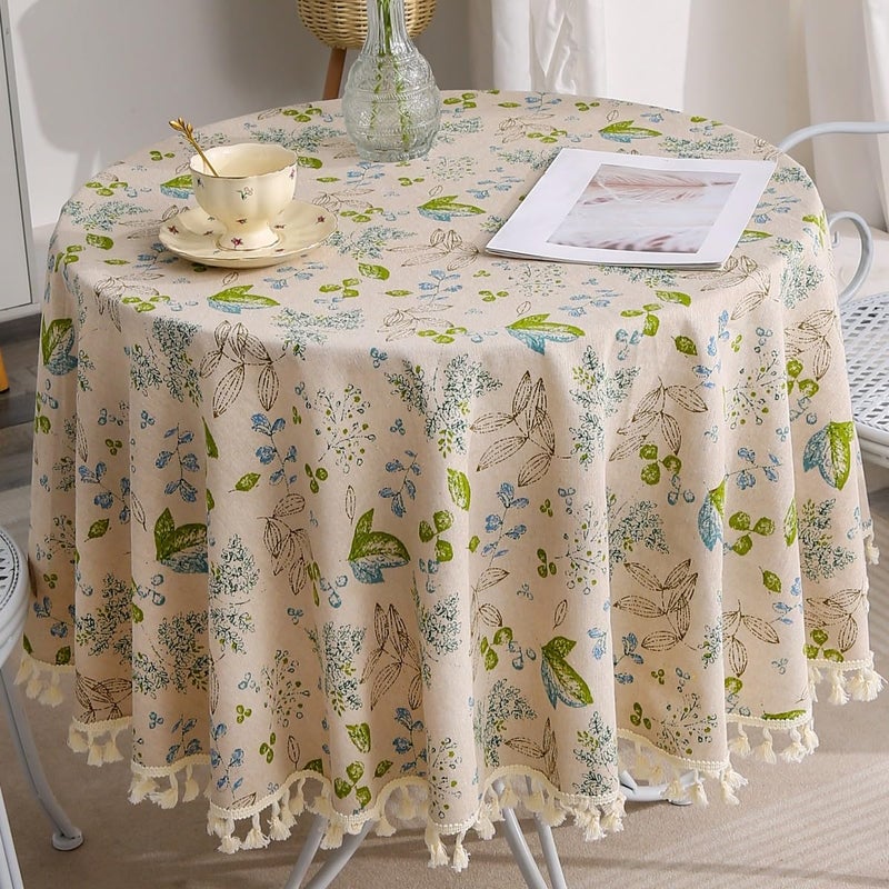 F-CHU Rough Linen Round Tablecloth 60 Inch Green Leaf Pattern Table Cloth with Tassels for Restaurant, Picnic, Indoor and Table Cover Home Decorationï¼ˆGreen - Image 2