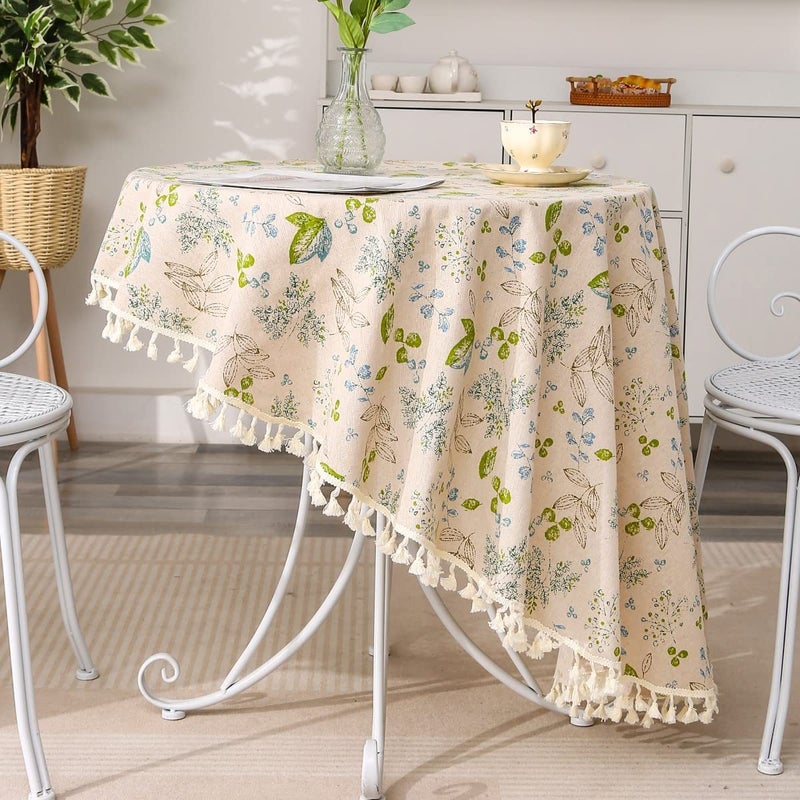 F-CHU Rough Linen Round Tablecloth 60 Inch Green Leaf Pattern Table Cloth with Tassels for Restaurant, Picnic, Indoor and Table Cover Home Decorationï¼ˆGreen - Image 4