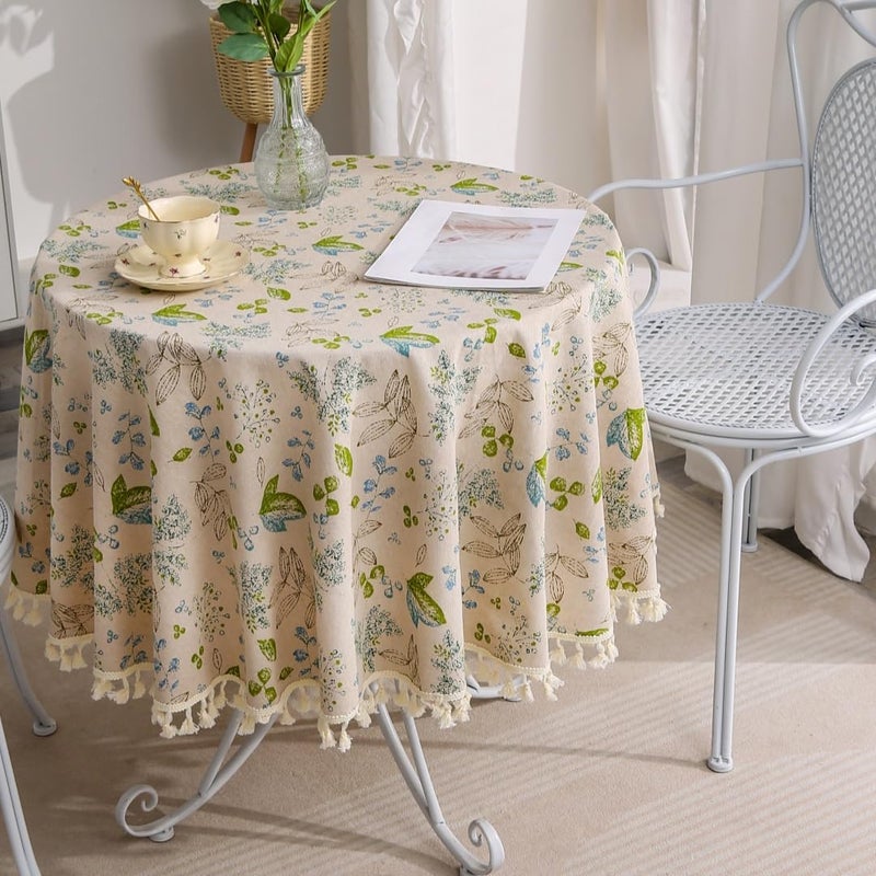F-CHU Rough Linen Round Tablecloth 60 Inch Green Leaf Pattern Table Cloth with Tassels for Restaurant, Picnic, Indoor and Table Cover Home Decorationï¼ˆGreen - Image 1