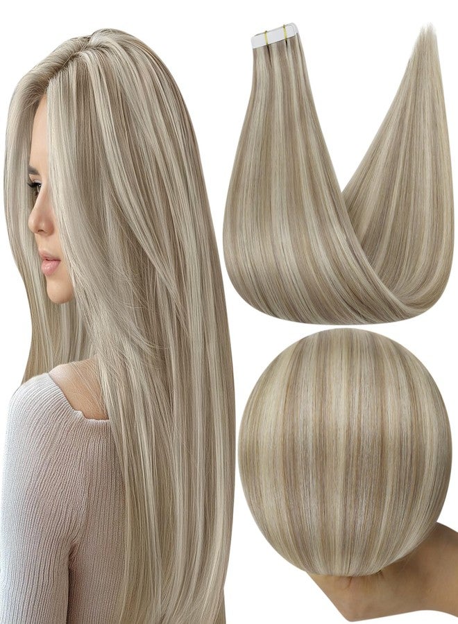 Full Shine Blonde Tape in Hair Extensions Human Hair Color 18 Ash Blonde And 613 Hair Extensions Tape in 16 Inch Straight Invisible Skin Weft 50Gram 20Pcs Seamless Tape ins Extensions for Party - Image 1