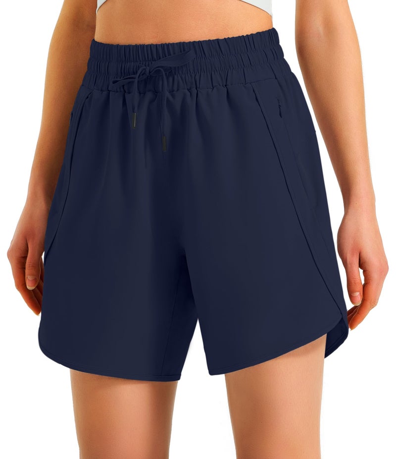 Ksmien Women's 5"/ 7" Athletic Running Shorts Quick Dry Lightweight Workout Gym Shorts with Zipper Pockets UPF 50+ Navy Blue M - Image 4