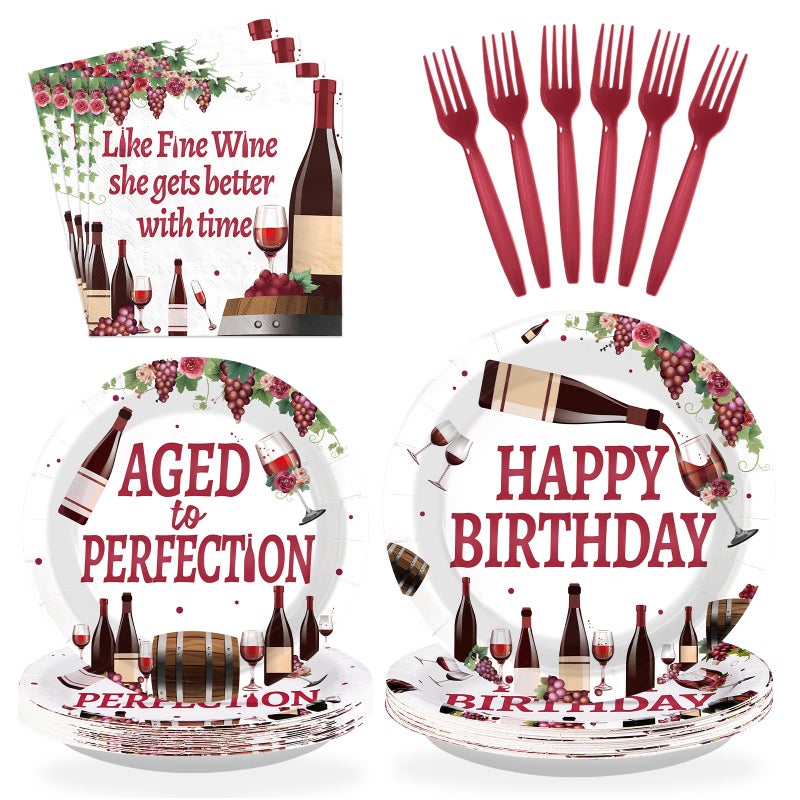 Greencian 96Pcs Like Fine Wine Birthday Party Decorations She Gets Better with Time Red Wine Plates and Napkins Sets Aged To Perfection Decorations for Women Girls Just Wanna Have Fun Party Supplies Serves 24 - Image 1