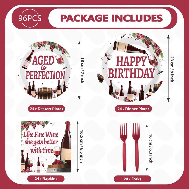 Greencian 96Pcs Like Fine Wine Birthday Party Decorations She Gets Better with Time Red Wine Plates and Napkins Sets Aged To Perfection Decorations for Women Girls Just Wanna Have Fun Party Supplies Serves 24 - Image 5