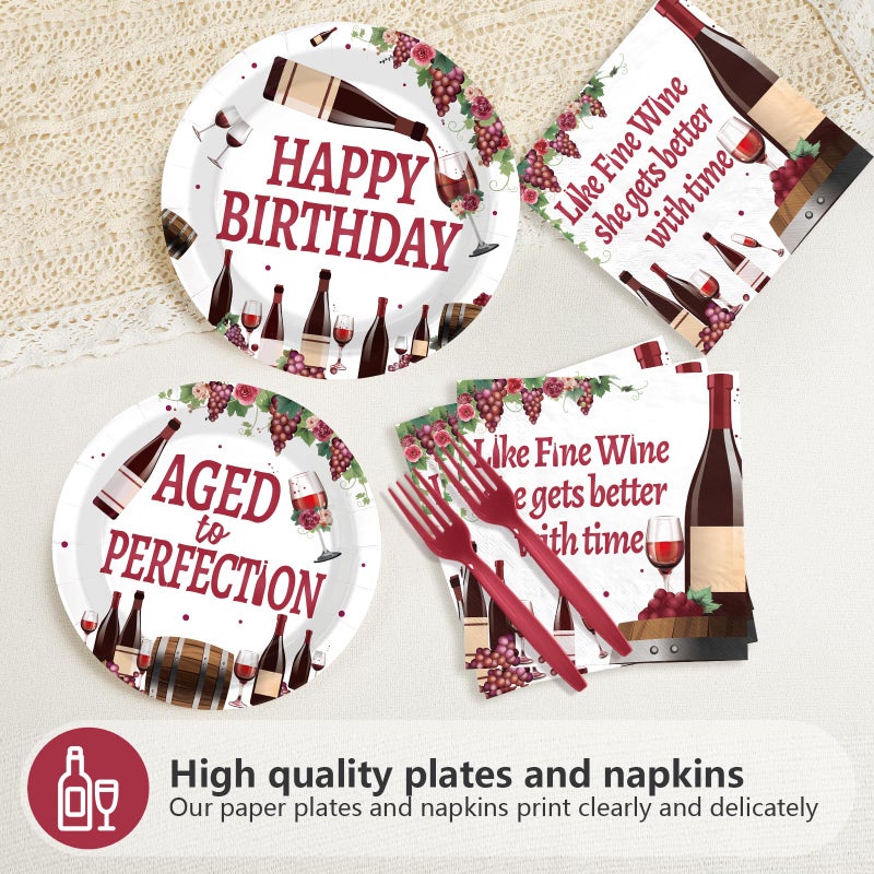 Greencian 96Pcs Like Fine Wine Birthday Party Decorations She Gets Better with Time Red Wine Plates and Napkins Sets Aged To Perfection Decorations for Women Girls Just Wanna Have Fun Party Supplies Serves 24 - Image 3