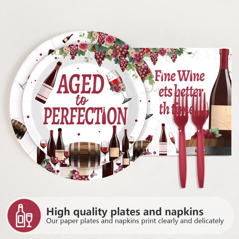 Greencian 96Pcs Like Fine Wine Birthday Party Decorations She Gets Better with Time Red Wine Plates and Napkins Sets Aged To Perfection Decorations for Women Girls Just Wanna Have Fun Party Supplies Serves 24 - Image 2