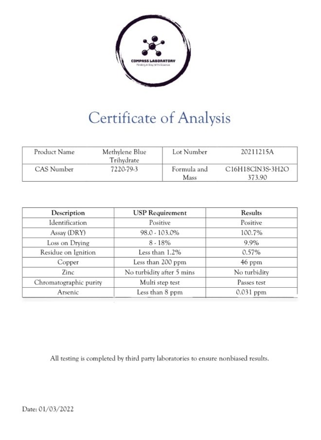 COMPASS LABORATORY Methylene Blue 0.5% | Usp-Grade Methylthioninium Chloride Liquid | High Purity Dietary Supplement For Brain Function & Cognitive Health | No Formaldehyde (1) 50Ml Glass Bottle  - Image 3