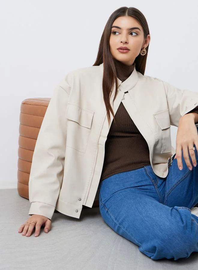 Styli Off White Regular Fit Faux Leather Bomber Jacket