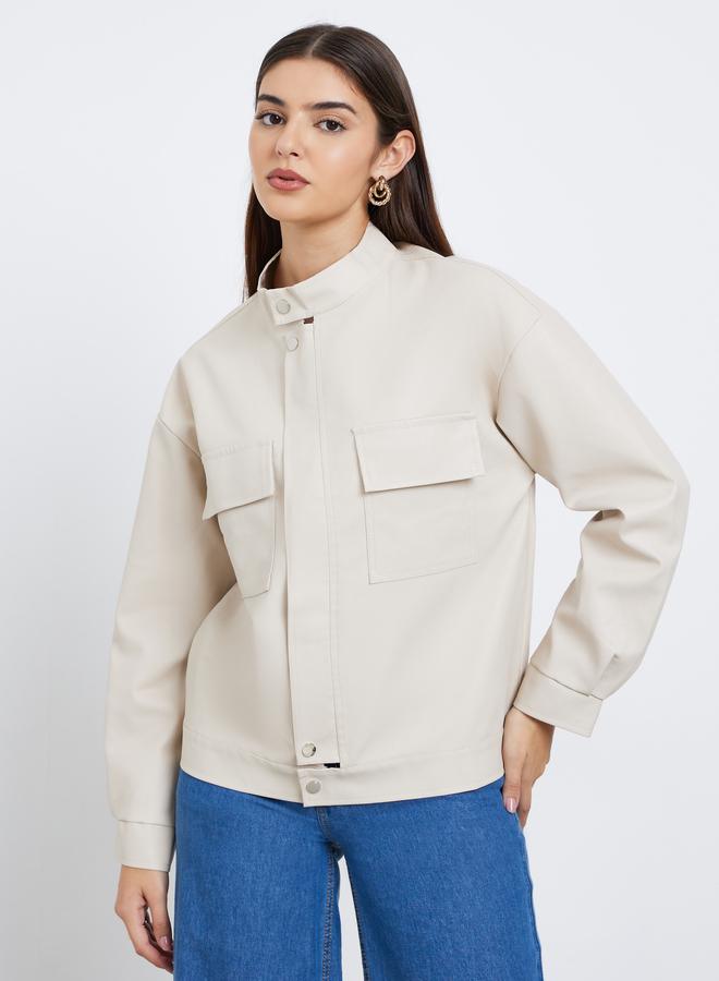 ستايلي جاكيت بومبر بجلد صناعي وقصة عادية - Image 4