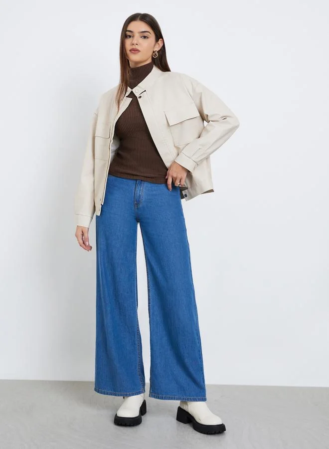 Styli Off White Regular Fit Faux Leather Bomber Jacket