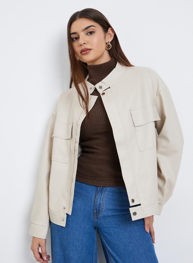 ستايلي جاكيت بومبر بجلد صناعي وقصة عادية - Image 3