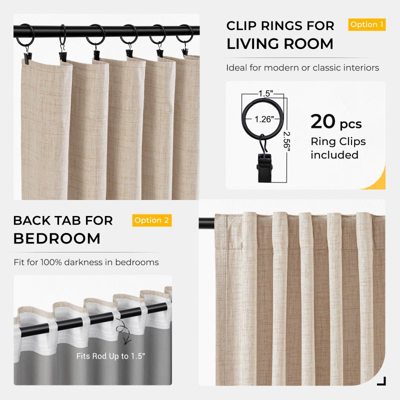 INOVADAY 100% Blackout Curtains for Bedroom, Black Out Curtains 84 Inch Long, Clip Rings Linen Blackout Drapes, Thermal Insulated Room Darkening for Living Room, 2 Panels - Oatmeal,W50xL84 - Image 3