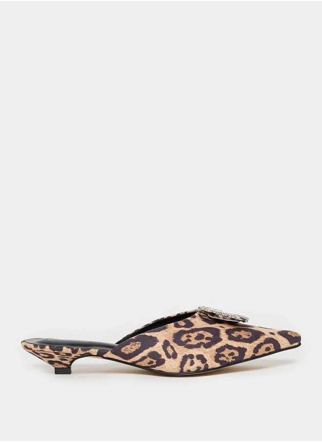 Styli Embellished Animal Print Pointed Toe Mules