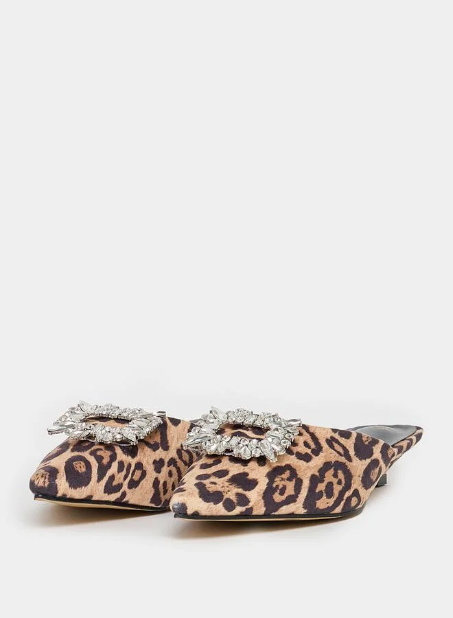 Styli Embellished Animal Print Pointed Toe Mules