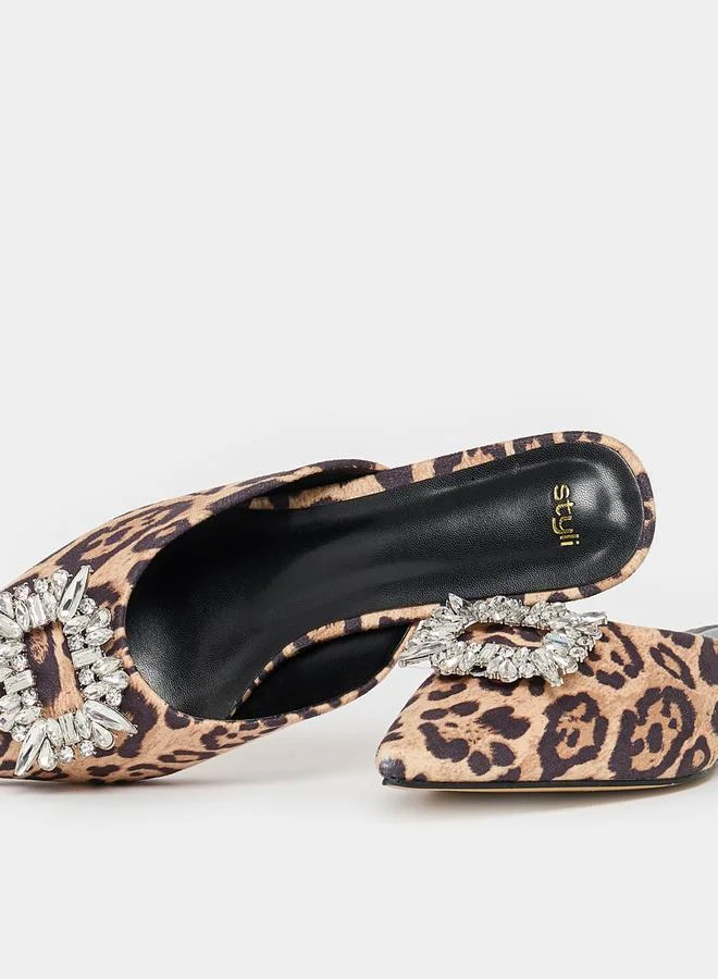 Styli Embellished Animal Print Pointed Toe Mules