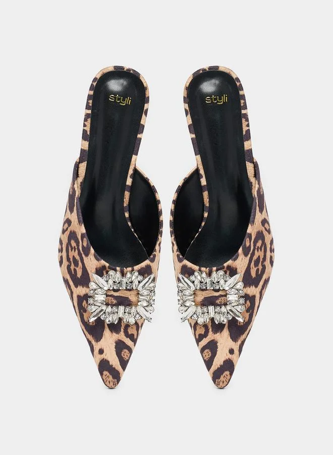 Styli Embellished Animal Print Pointed Toe Mules