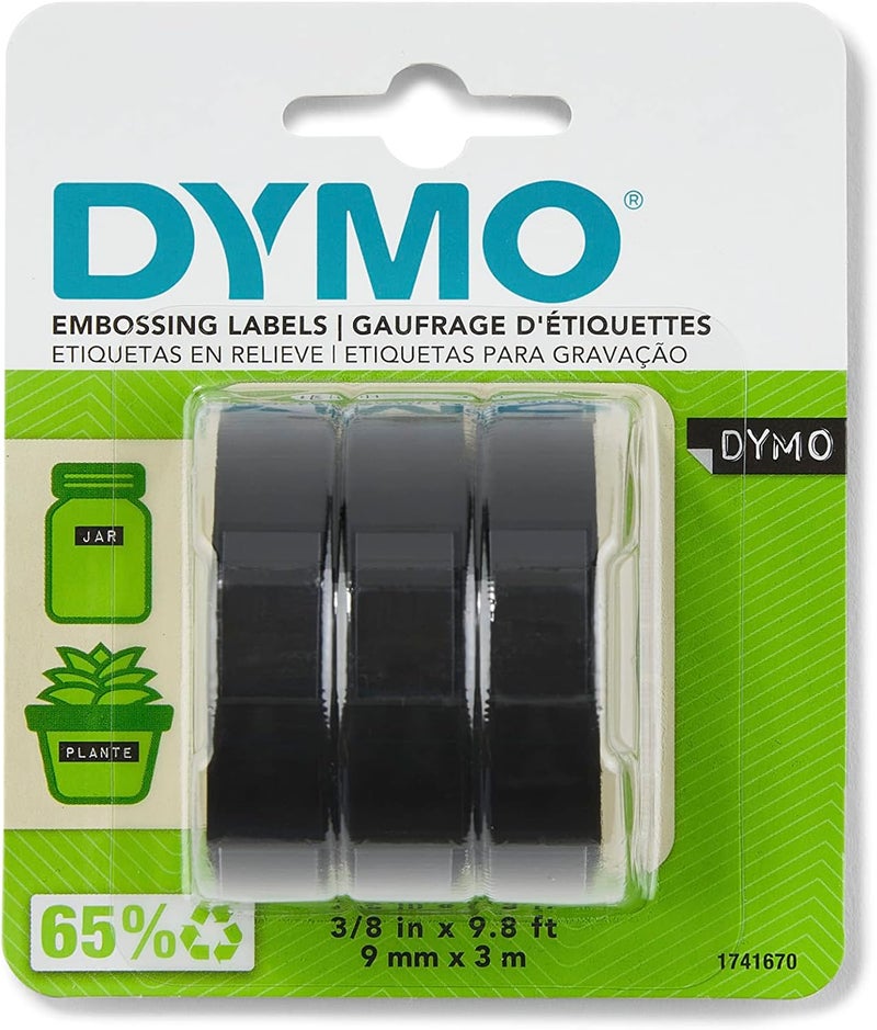 DYMO 3D Plastic Embossing Labels - White Print on Black, 3/8" x 9.8', 3-Roll Pack - Image 1
