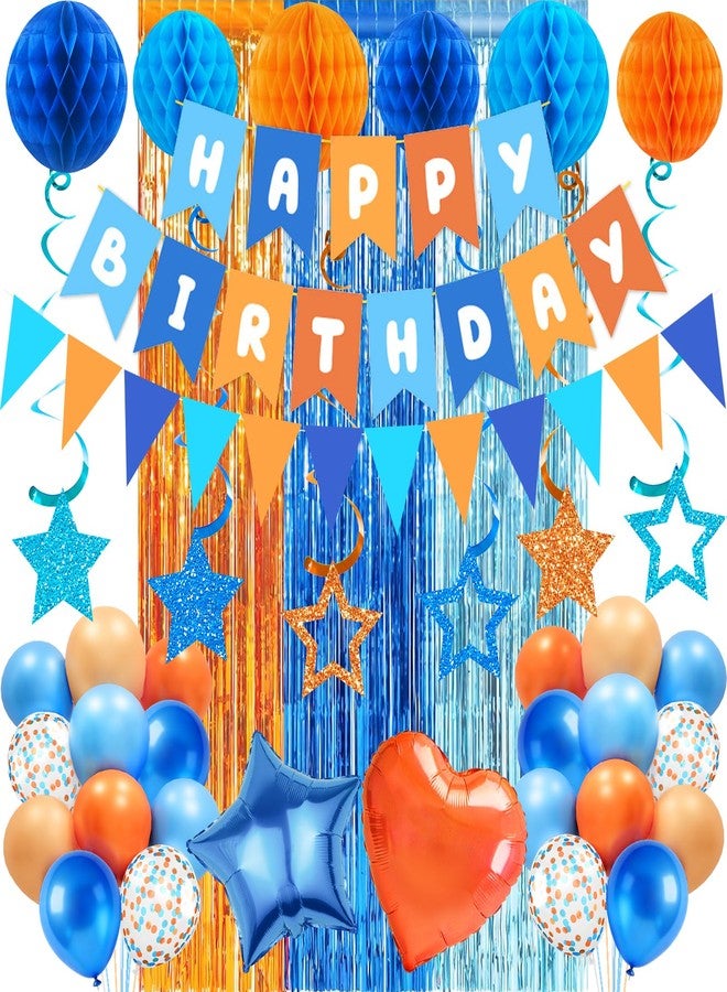 Bolake Happy Birthday Decorations for Boys Men Blue and Orange Party Decorations Include Happy Birthday Banner Fringe Curtain Balloons Honeycomb Balls Hanging Swirl Dog Birthday Party Decorations - Image 1