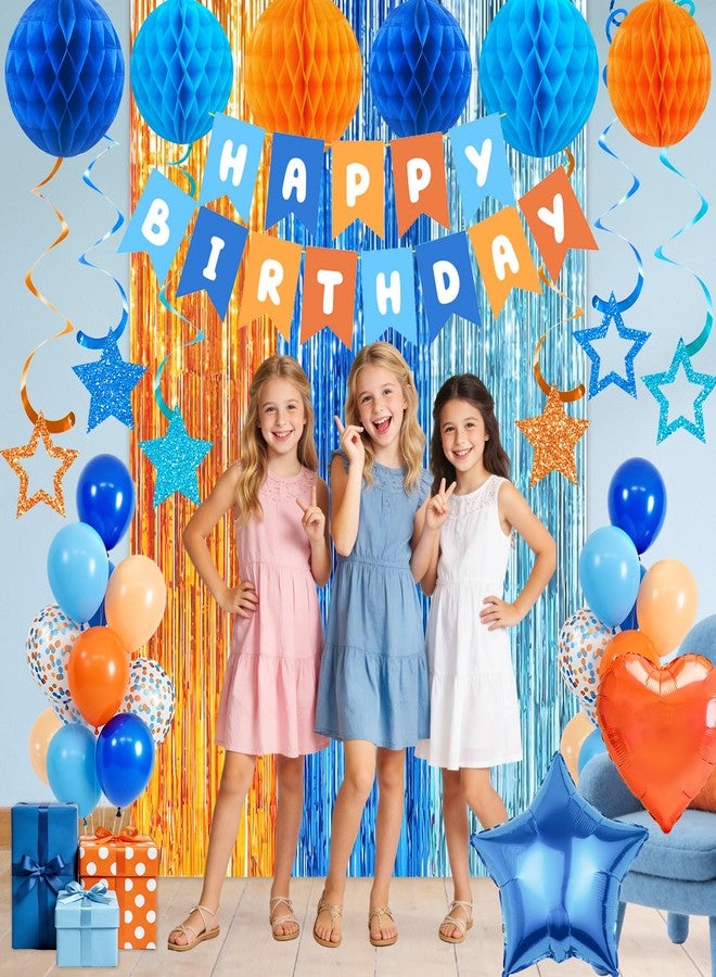 Bolake Happy Birthday Decorations for Boys Men Blue and Orange Party Decorations Include Happy Birthday Banner Fringe Curtain Balloons Honeycomb Balls Hanging Swirl Dog Birthday Party Decorations - Image 3