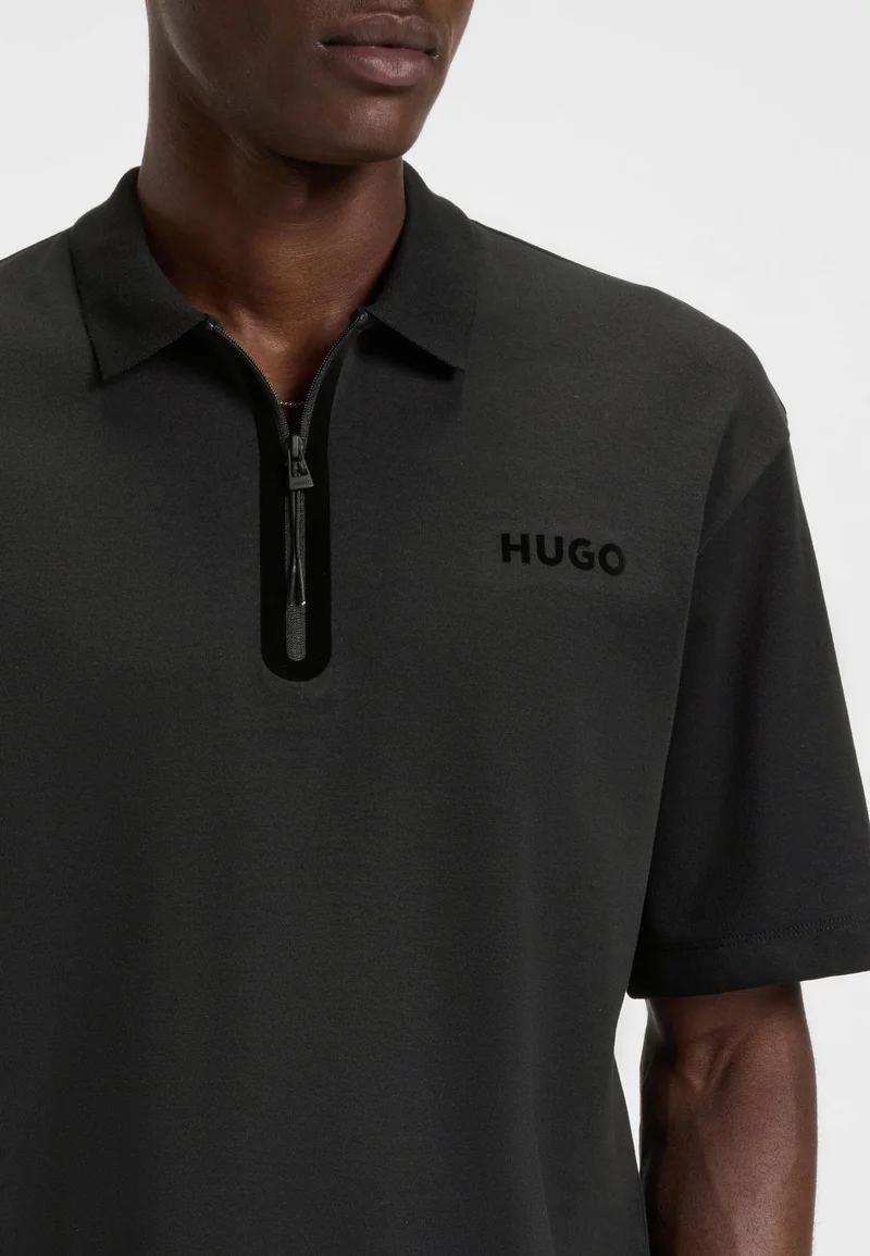 HUGO Black Cotton-blend polo shirt with zip placket for Men | Best Price UAE