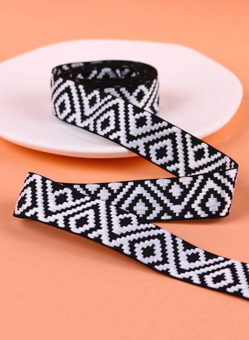 Traditional Geometric Patterned Embroidered Trim Ribbon - 2.5 cm Width, 2 Meters Length - Black and White - Image 1